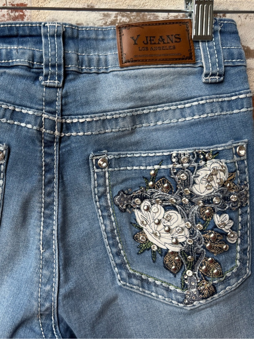 Y Jeans Los Angeles Embellished Rhinestone Floral Cross Back Pocket Jeans